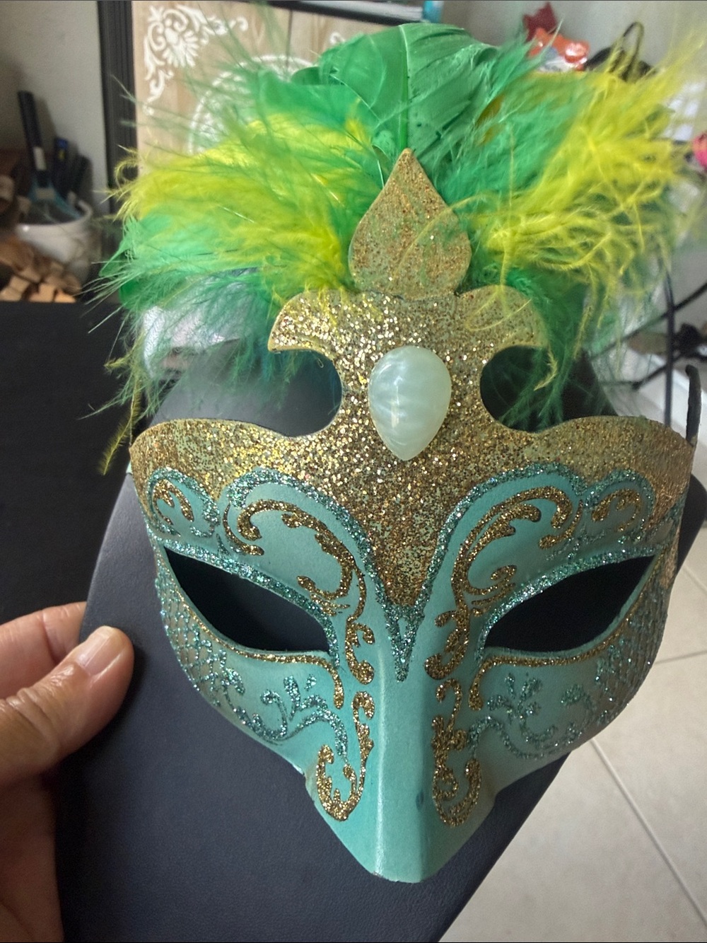 Women's Teal and Gold Feathered Masquerade Face Mask